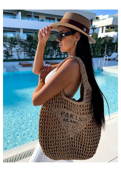 Çift Kalın Askılı Paris Milano Astırlı Fermuarlı İç Cepli Yazlık Tatil Plaj Büyük Boy Hasır Çanta Camel