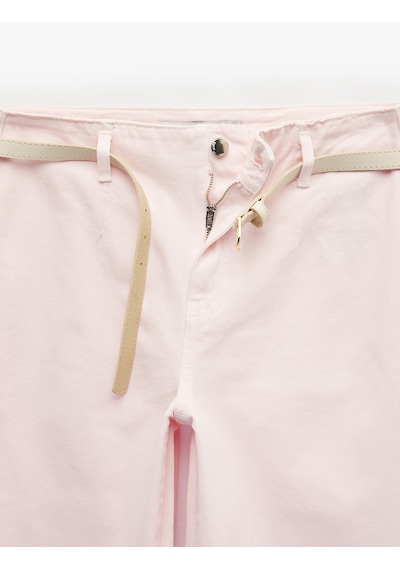 Koton Kemer Detaylı Pamuklu Kısa Geniş Paça Pantolon - Wide Leg Jeans Pembe 6sal40052mw Gül