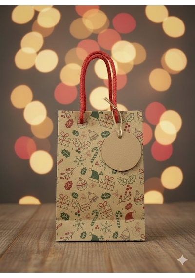 Yılbaşı Desenli Kraft Karton Çanta Seti - 6lı, Kırmızı Saplı Parti, Noel, Hediye Çantası, 12x17 Cm Standart