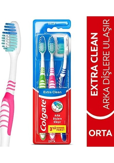 Extra Clean Dil Temizleyicili Arka Dişlere Uzanan Orta Diş Fırçası 3'lü Ekonomik Paket Açık Ahşap