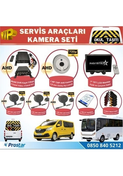 Navistar Okul Servis Kamera Seti 4 Kameralı 7" Monitör 4 Kameralı 1 Tb
