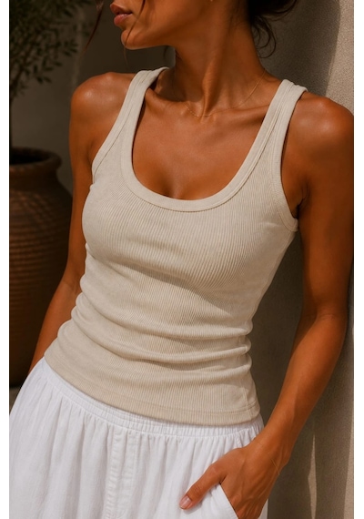 Bb Butik Basic Soft Cotton Fitilli Pamuk Basic Atlet Vücuda Oturan Kalıp Md3571 Krem