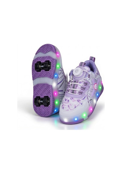 2256-n-drops Led Işıklı Çift Tekerlekli Akıllı Bağcıklı Unisex Çocuk Patenli Ayakkabı Beyaz - Lila
