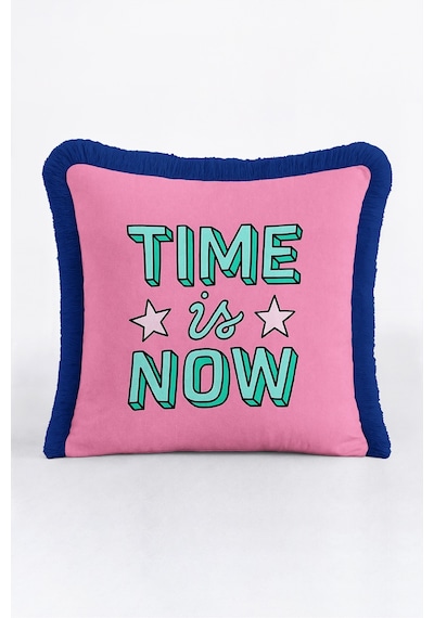 Pop Art Yıldızlı Time İs Now Saçaklı Yastık Kılıfı - Enerjik Pembe Lacivert Püsküllü Kırlent Kılıfı Sakin Vadi Saten