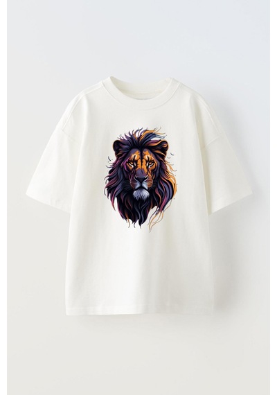 Thewert Unisex Aslan Kral Tasarım Baskılı Pamuk Beyaz Oversize T-shirt