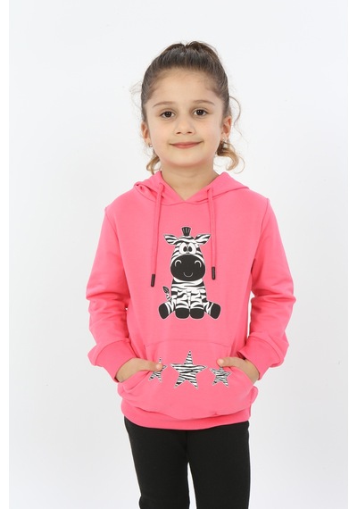 Toontoy Kız Çocuk Yıldızlı Zebra Baskılı Kapüşonlu Sweatshirt Fuşya