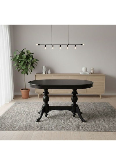 Montclair Çift Baba Ayaklı Masif Ahşap Oval Yemek Masası 90x140 Siyah