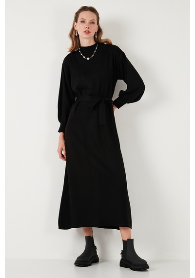Lela Modest Relaxed Fit Bisiklet Yaka Triko Bayan Elbise 4616198 Siyah