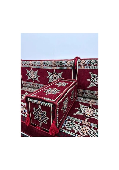 Yıldız Modeli Bordo Otantik Şark Köşesi Takımı U Set - Geleneksel Yer Minderi Seti 10 Cm Minder Kalınlığı 15 Parça