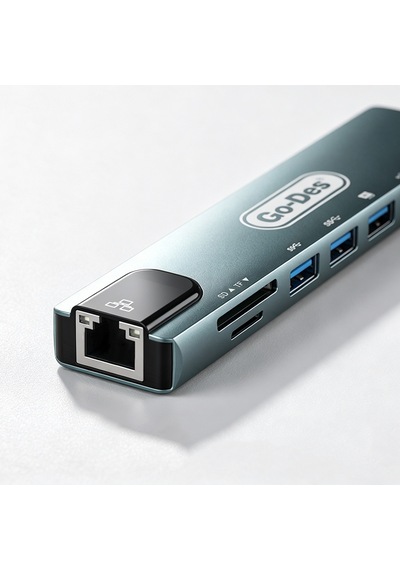 Go Des Gd-9230 Type-c Bağlantılı 8in1 Usb3.0 + Pd + Hdmi 4k Ultra Hd + Rj45 + Sd/tf Hub Adaptör Gri