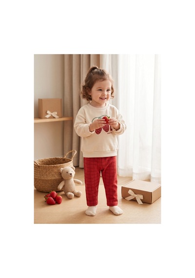 Deniva Kids Kız Bebek Kırmızı Ekose Pantolonlu Çilek Baskılı Sweatshirt 2'li Pamuklu Alt Üst Takım