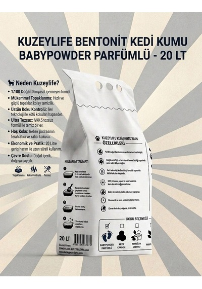 Kuzeylife Bentonit Kedi Kumu Babypowder Parfümlü 20 Lt