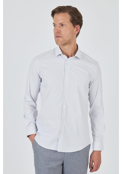 İmza Uzun Kol Çizgili Desen Bez Ayağı Sert Yaka Cepsiz Esnek Classic Slim Fit Gömlek 1004250159 Beyaz