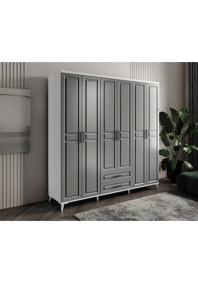 GuneyStore Gözde 6 Kapaklı Komple MDF Antrasit - Beyaz Gardırop