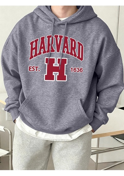 Startmore Tarzsokak Harvard Est. 1636 Baskılı Spor Rahat Hoody Erkekler Sokak Polar Tişörtü Rahat Bol Giysiler Vi Gri