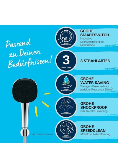 Grohe Vitalio Comfort 110 El Duşu Seti, 110mm Kare 3 Akışlı, Masaj, Yağmur Ve Jet Duşu, Duş Başlığı Tutucu, 1 Çok Renkli