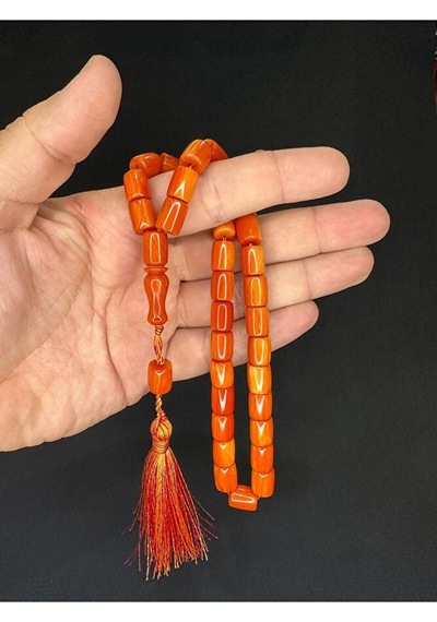 Sevgiliye Özel Hediye Sıkma Kehribar Tesbih Turuncu Renkli Kapsül Kesim 11mmx8,5mm H-1621.