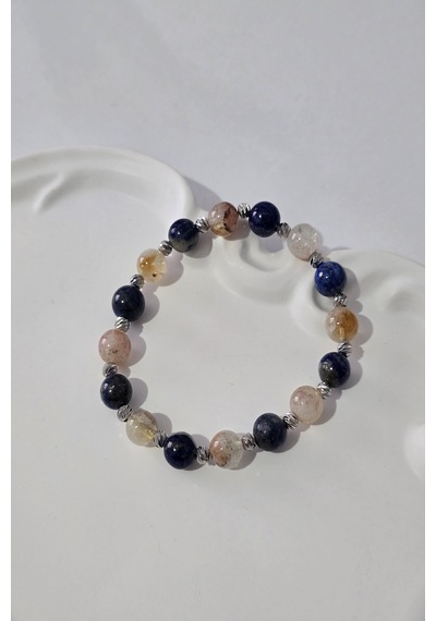 8 Mm Karlı Sitrin, Lapis Lazuli Doğaltaş Bileklik Açık Sarı