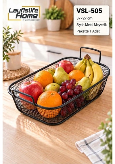Siyah Metal Çift Kulplu Meyvelik Sepet 37x27 Cm Dekoratif Mutfak Meyve Sebze Sepeti Vsl-505 Siyah Siyah