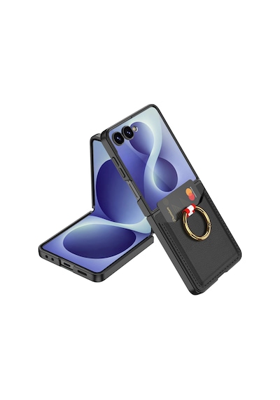 Galaxy Uyumlu Z Flip 8 Pazarplus Kıpta Yüzüklü Kartlıklı Kılıf Siyah Karbon