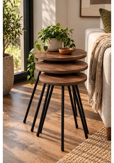 Sulorahome Metal Zigon Sehpa Takımı Çam Kahverengi Atlantik Çam