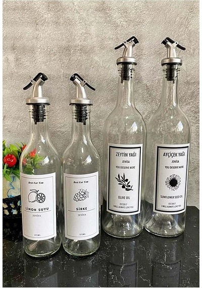 Şeffaf Cam Etiketli Akıtıcılı 750 Ml Yağlık 375 Ml Sosluk Yağdanlık Set Çok Renkli