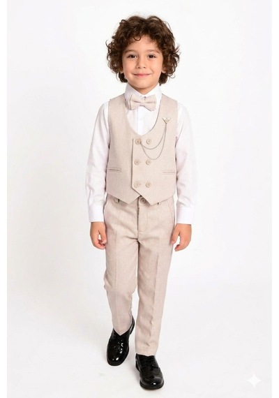 Baby Kids Colors Erkek Çocuk Smokin Takım Elbise 6 Düğmeli Yelekli Papyonlu Zincirli 4'lü Takım Bej