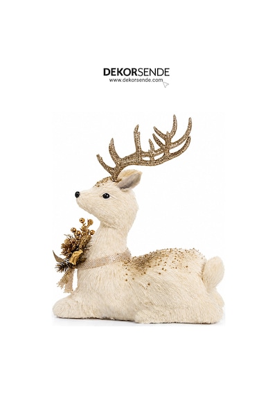 Yılbaşı Figürü Geyik Dekoratif Simli Oturan Krem 42 Cm