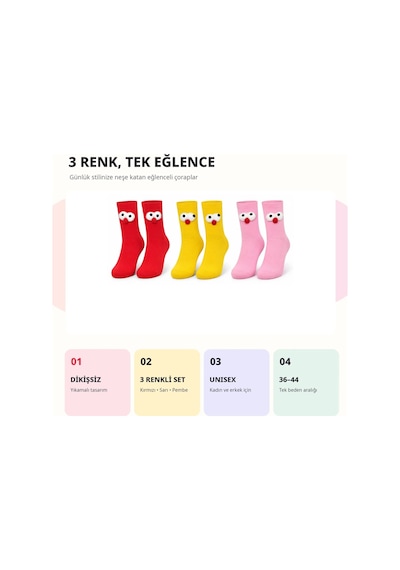 Genel Kutulu 3d Gözlü Ponponlu Soket Çorap 6'lı Set Kırmızı Sarı Pembe Ren Çok Renkli / 36-44 / 6 Adet Çok  Renkli
