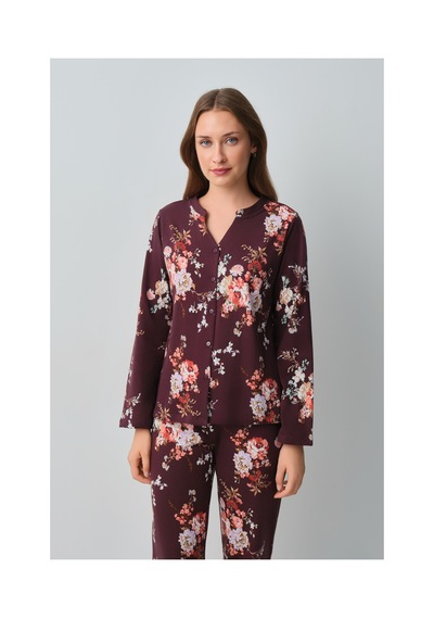 Suwen Mimoza Pamuklu Gömlek Yaka Pijama Takımı Wsh10510154662 Bordo Desenli