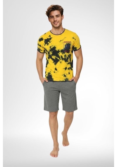 Mecit Pijama Mecit 4001 Erkek Pamuklu Sarı Batik Desenli Şortlu Pijama Takımı