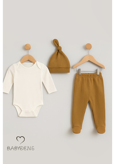 Babyden's 3'lü Bebek Zıbın Takımı Uzun Kollu Body, Patikli Pantolon Ve Şapka %100 Pamuk Fitilli Ribana Kumaş Kahverengi