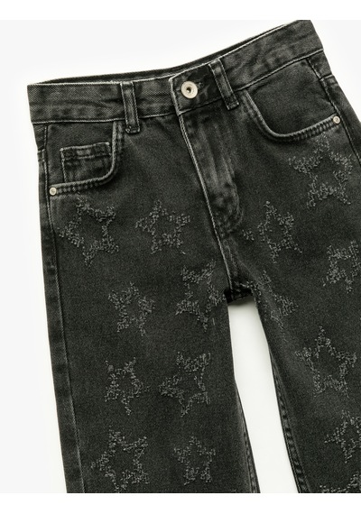 Koton Yıldız Desenli Pamuklu Denim Pantolon Siyah 7wkg40010ad