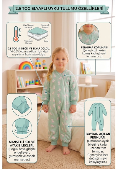 Babymod Tavşan Desenli 2,5 Tog Elyaf Dolgulu Premium Kalite 100% Pamuk Penye Astarlı Çocuk Uyku Tulumu Yeşil