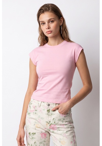 Mixray 2192 Kadın Bisiklet Yaka Kap Kollu Basic Bluz Pembe