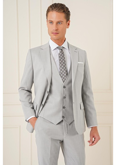 Efor Slim Fit Dokulu Çift Yırtmaç Yelekli Klasik Gri Takım Elbise Tk 898 Gri