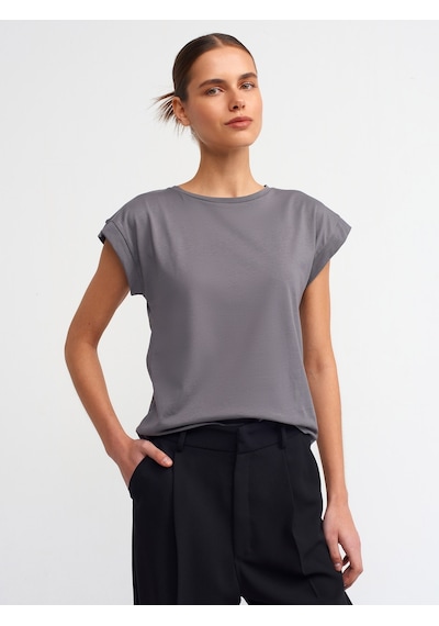Dilvin Bisiklet Yaka Penye T-shirt-füme Füme