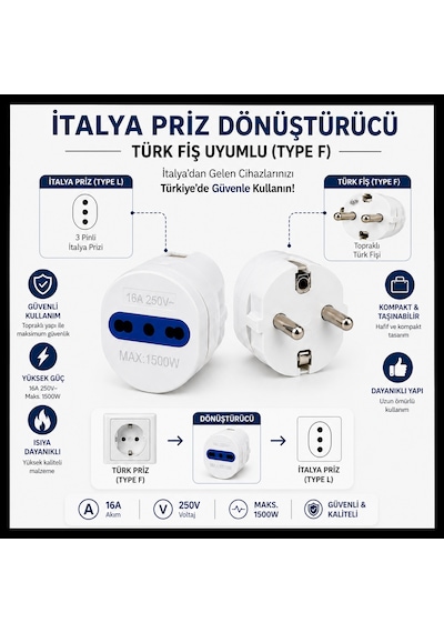 İtalya Dişi (Type L) Türk Erkek (Type F) Priz Dönüştürücü 16A 250V İtalya Uyumlu 3 Pin Adaptör -