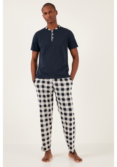 Buratti Ekoseli Pamuklu Regular Fit Kısa Kollu Erkek Pijama Takımı 60961007 Lacivert-Beyaz