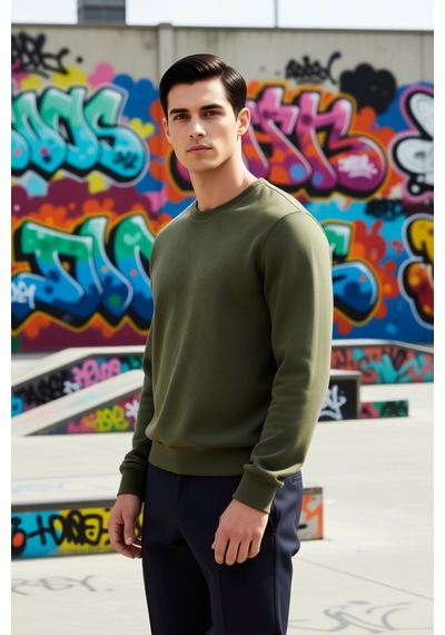 Benerly Erkek Bisiklet Yaka Standart Kol Regular Kalıp Sweatshirt Fonksiy Haki