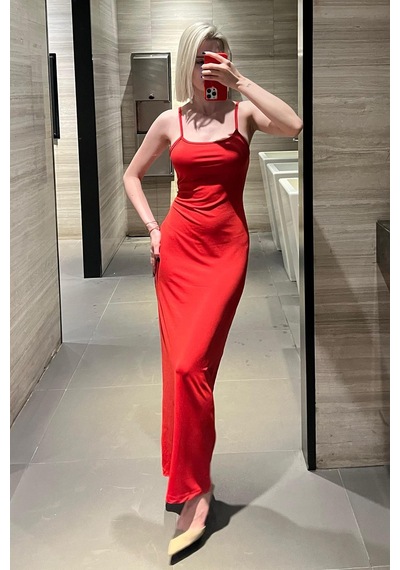 Madmext Kırmızı Uzun Asklı Basic Elbise Mg1852 Kırmızı