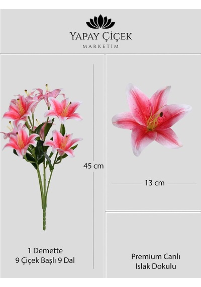 Fuşya Yapay Lilyum Çiçeği 9 Dallı Premium Canlı Islak Dokulu 55 Cm
