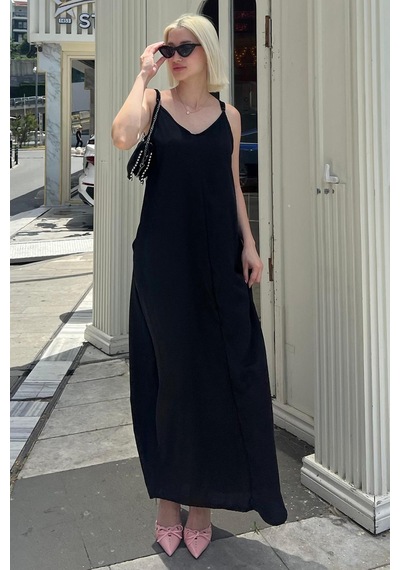 Madmext Siyah Askılı Oversize Uzun Elbise Mg2038-siyah