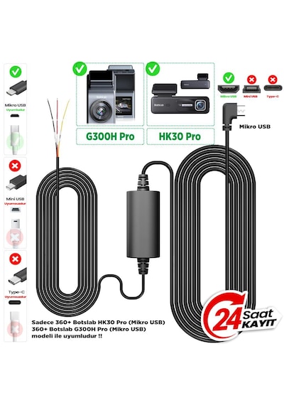 360+ Botslab G300H Pro/HK30 Pro Araç İçi Kamera 24 Saat Park Modu Kiti Akü Bağlantı Kablosu (Micro Usb)