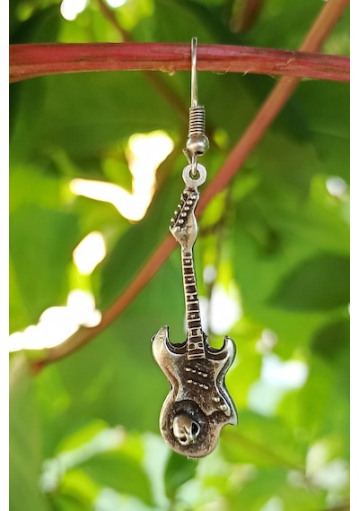 Antik Gümüş Kaplama Kuru Kafalı Gitar Şekilli El Yapımı Çift Adet Gümüş
