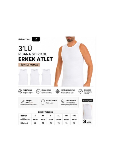 Yıldız Çamaşır Erkek Ribana Sıfır Kol Bisiklet Yaka %100 Pamuk Fanila Atlet 10-11-14 - 3 Adet Beyaz