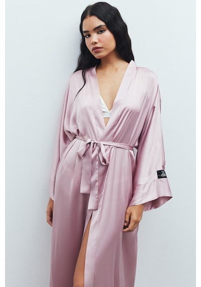 Frappant Gül Kurusu Uzun Saten Sabahlık / Kimono Pembe