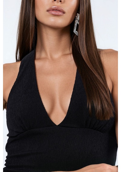 Hiccup Busem Kesik Detaylı Dar Kesim Halter Crop Bluz Siyah