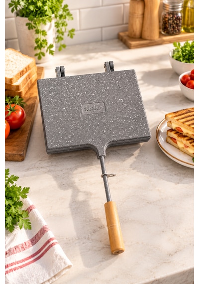 Porsima Çift Taraflı Granit Tost Tavası 17x23 Cm Granit Kaplama Ahşap Saplı Ocak Üstü Tost Makinesi
