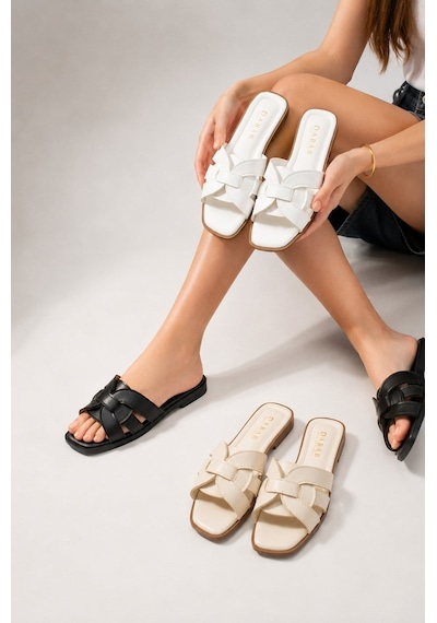 Dabab Shoes Lında 3'lü Paket Örgü Bant Detaylı Kare Burun Düz Taban Terlik Beyaz - Siyah - Bej Bej Kombin Bej